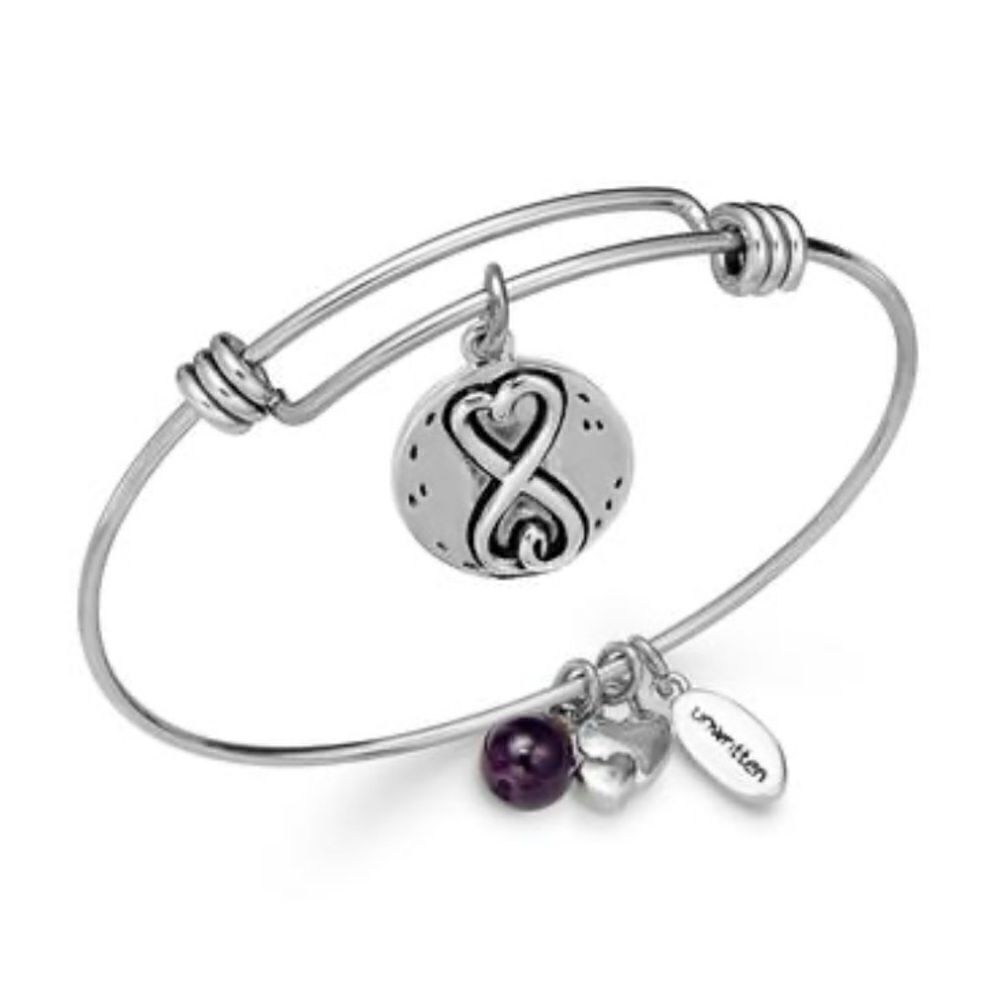 Unwritten Sisters Infinity Silver Plated Charm and Amethyst (8mm)Bangle Bracelet